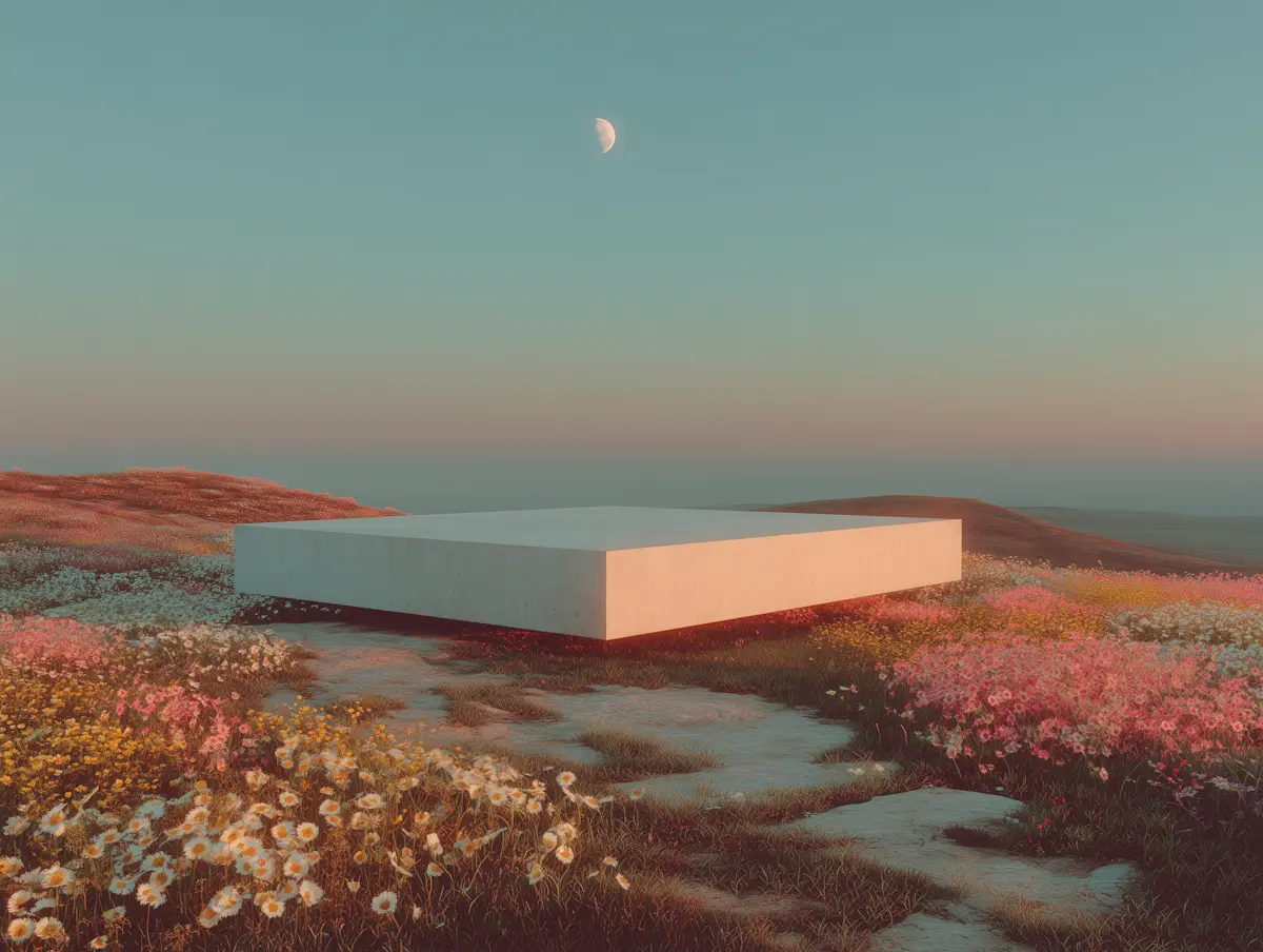 Floating white rectangular platform over a wildflower meadow at dusk with a half moon in the sky.